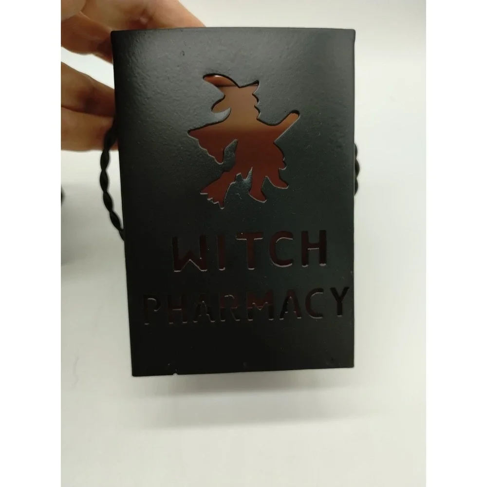 Set Of 2 Black Metal Witch Pharmacy Halloween Votive Candle Holders 4.5